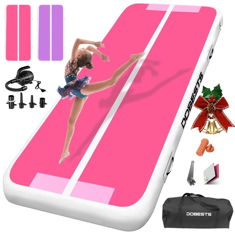 DOBESTS Airtrack Tumbling Matte, Gymnastikmatte mit Luftpumpe, Trainingsmatte mit Tragetasche, Turnmatte Zuhause, Outdoor, Yoga, Fitness, Sport 15cm Hoch 5m, Rosa und Lila