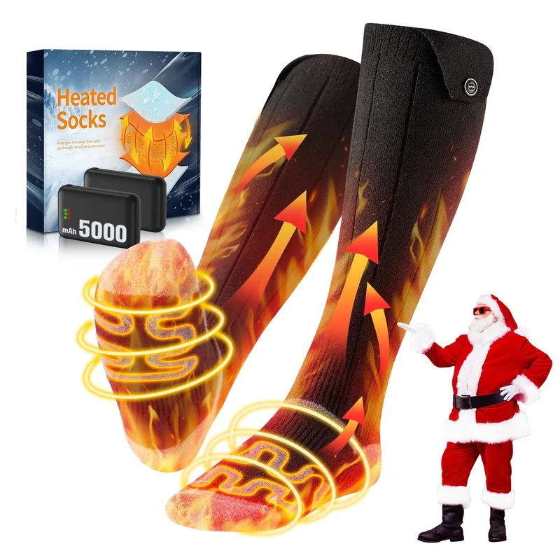 VIWKO 2026 Upgraded Beheizbare Socken, 5000mAh*2 Wiederaufladbare Heizsocken, 3 Temperaturen mit 360° Heizung Beheizte Socken, Waschbare Batterie Beheizbare Socken Damen Herren für Ski Jagen Wandern M