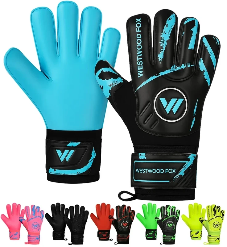 WESTWOOD FOX Torwarthandschuhe Fingersave Fußball Torwarthandschuhe für Kinder Jugend Erwach Handfläche zu DumboLatex 4+3 mm Handgelenk (SCHWARZ-CYAN, Größe 6, geeignet für Kinder von 8 bis 10 Jahren)