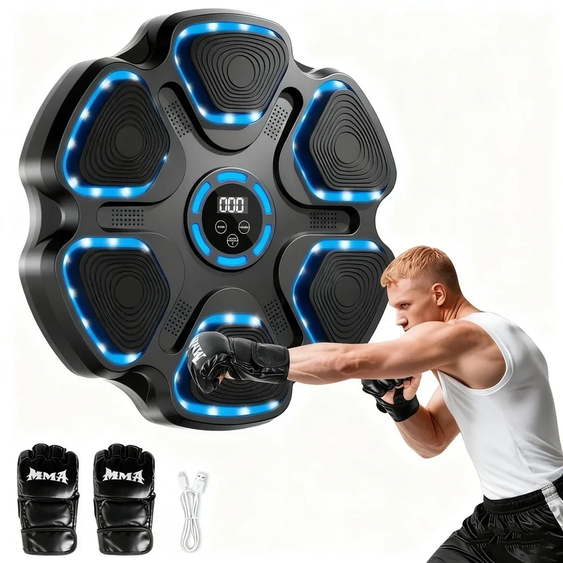 FBSPORT Smart Music Boxing Machine,Musik Boxen Machine mit Boxhandschuhen, Boxen Training Ausrüstung für Kinder Erwachsene, Boxmaschine mit Musik mit 6 Strike Points 11 Modi & 9 Geschwindigkeiten