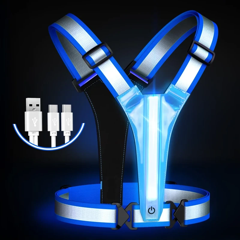 Samlior LED Reflektierende Laufweste, 5 Farben 3 Lichtmodi Wiederaufladbare USB Lauflicht, LED Running Reflektoren, Verstellbare Leuchtweste für Laufen Gehen Radfahren in der Nacht (Blau)