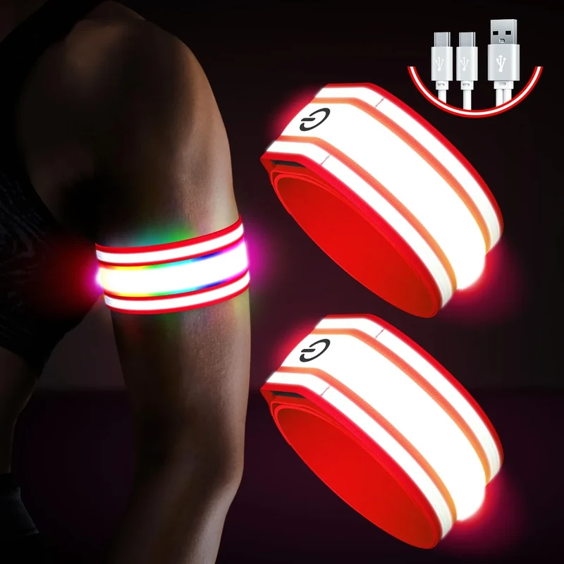 Ylzzrs Led Armband Aufladbar,2 Stück Reflective LED Leuchtarmband, Leucht Armbänder Lichtband Kinder Leuchtbänder Reflektorband Unisex Nacht Sicherheits Licht für Joggen Laufen Running (Red, XL)
