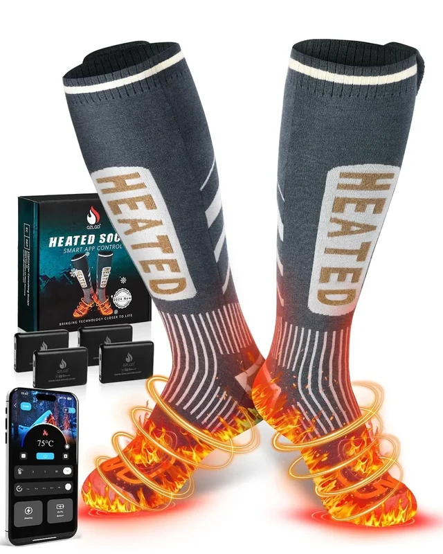 Beheizbare Socken Damen Herren, 5 V 6000 mAh APP-Steuerung Heizsocken, 2025 neues Upgrade +30% Heizfläche, geeignet zum Skifahren, Outdoor, Camping, Wandern und Motorradfahren(38-44EU)