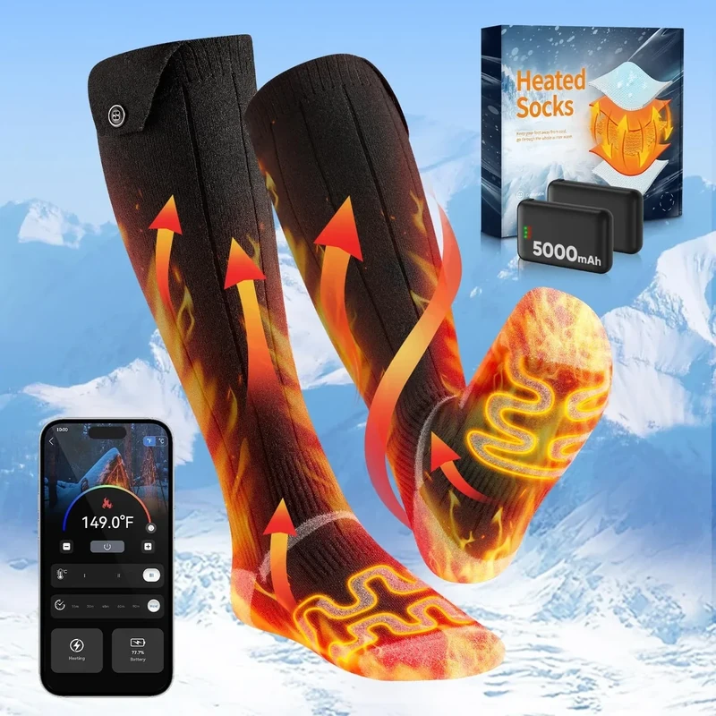 Beheizbare Socken mit App Steuerung, 360° Heated Heizsocken mit 3 Temperaturen, 5000mah*2 Wiederaufladbare Beheizte Socken Herren Damen, Waschbare Wärmesocken mit akku für Ski, Outdoor