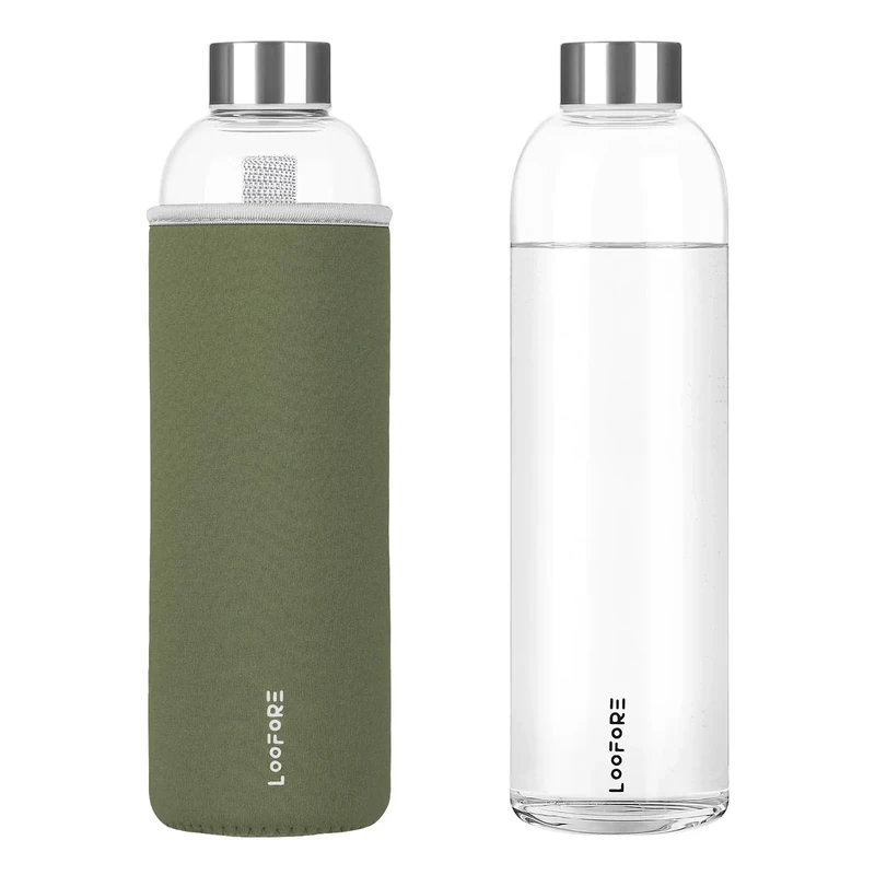 LOOFORE Glasflasche 1 liter / 1l, Wasserflasche Glas 1000ml inkl. Neoprenhülle, BPA freie, Trinkflasche Spülmaschinenfeste, Water Bottle für kohlensäurehaltige Getränke