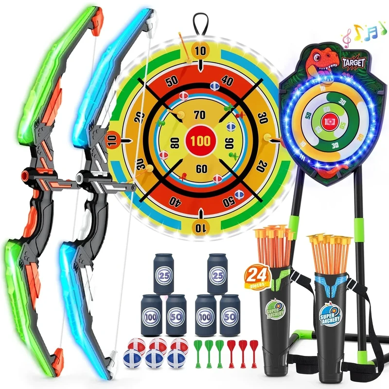 HYES Pfeil und Bogen für Kinder mit 29" Glow Dart Board, LED Licht Dinosaurier Bogenschießen Set mit Saugtasche Pfeile, Glow Ziel, Score Ziele, Indoor Outdoor Spielzeug Geschenke für Jungen Mädchen