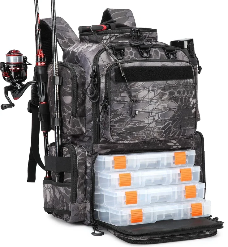 BlesMaller 50L Angelrucksack mit 4 Boxen & Rutenhaltern Angeltasche wasserabweisend Angel Rucksack für Angelausrüstung