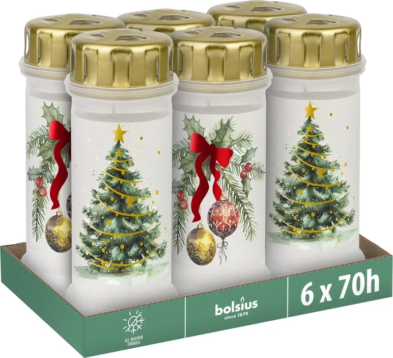 Bolsius - Grablicht nr 6 + Deckel - Mit Weihnachtsmotiv - 4 Stück - Brenndauer 70 Stunden - Enthält Natürliches Pflanzenwachs - Ohne Palmöl
