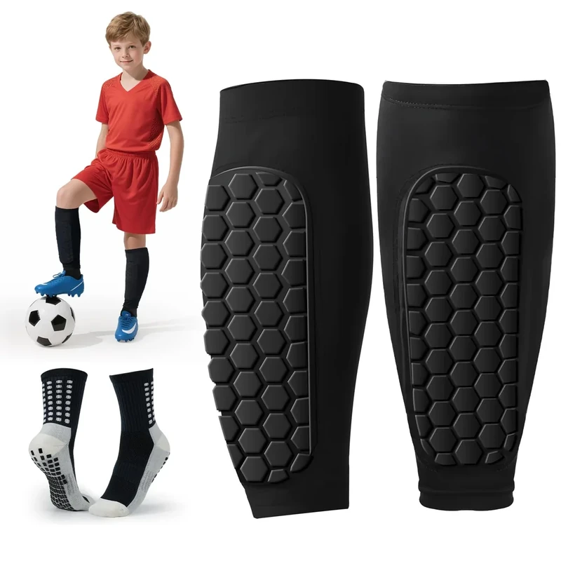 Schienbeinschoner Kinder Fussball mit Warme Anti-Rutsch-Socken,Skifahren Schienbeinschoner, Keine Installation erforderlich Anti-Ablösung Wabenbrett Herren Shin gurad Kinder