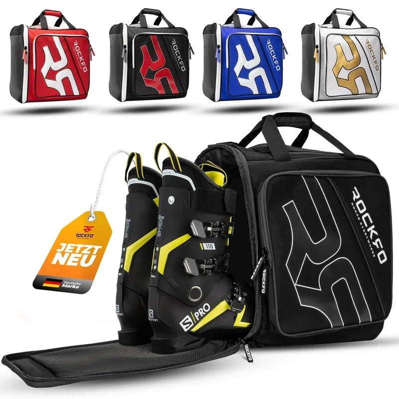 ROCKRO Skischuhtasche mit Helmfach, Robuste Tasche für Skischuhe, Wasserabweisende Skistiefeltasche mit Helmfach, Praktischer 7 Zonen Ski Rucksack für Ski Schuhe Helm Skibrille, 49L Schwarz