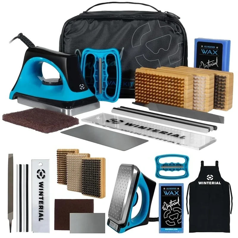 Winterial Skiwachs Set, Ski Wachs Komplettset, Ski Wax, Snowboard Wachs Set mit Wachseisen, Kantenschleifer, Allwetterwachs, PTEX Sticks, Bürsten, Abgewinkelter Kantenschleifer & Werkzeugtasche