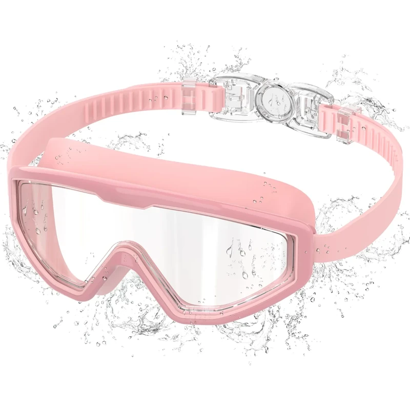 Ambienden Schwimmbrille Kinder, Taucherbrille Kinder mit Anti-Beschlag & UV-Schutz, Weitwinkel-Sicht, Ein-Knopf-Einstellung, Silikondichtung, Unisex Kinder Schwimmbrille für 3-12 Jahre, Pink