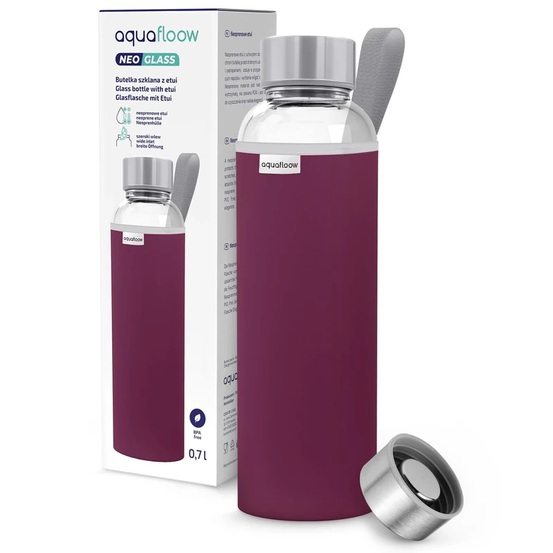 Aquafloow Wasserflasche aus Glas 700 ml mit Neoprenhülle, Transparente trinkflasche Glas mit Bambusdeckel | Ideal flasche für Büro, Outdoor, Schule, für Kohlensäurehaltige Getränke – Burgund