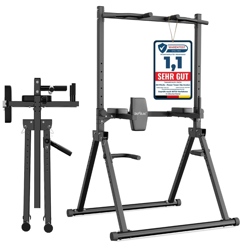 DH FitLife Faltbar Power Tower Dip Station bis 210kg | Klimmzugstange Freistehend mit Dip Barren u. Rückentrainer | Kraftstation Kraftturm | Fitness Station | Power Rack for Home Gym