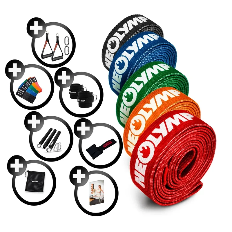 NEOLYMP Allround Set Lange Fitnessbänder Stoff mit Fitness Zubehör - waschbare Resistance Bands, Widerstandsbänder, Gymnastikband, Fitnessband, Trainingsbänder, Klimmzugbänder, Krafttrainingssets - Image 1