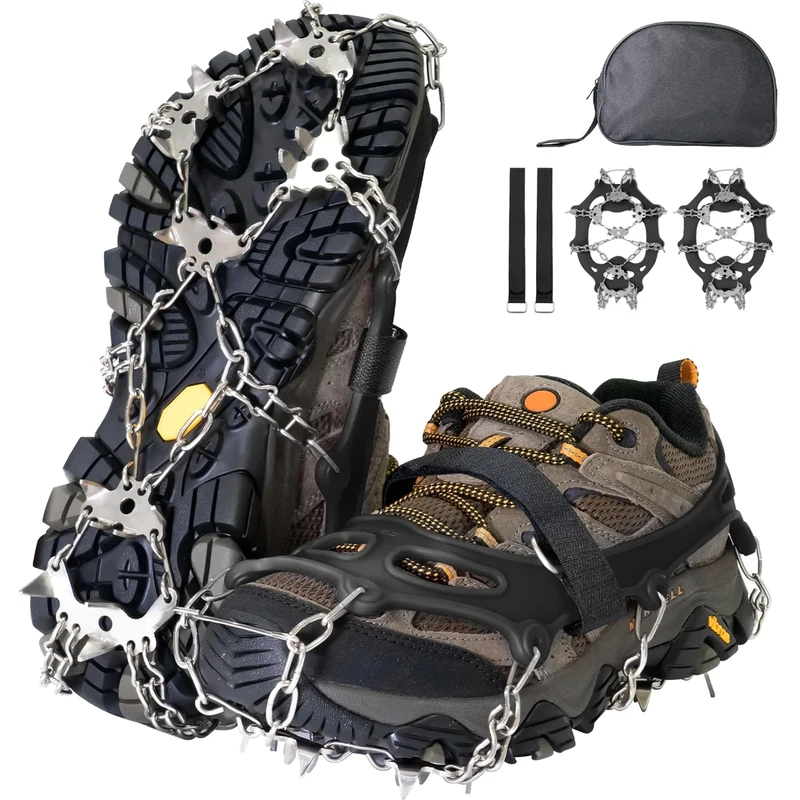 Steigeisen für Bergstiefel, 24-Zähne Edelstahl Anti-Rutsch Eiskrallen mit Verstellbaren Gurten, Ideal für Wandern, Klettern, Trekking und Winter Outdoor Aktivitäten(Schwarz Größe L)
