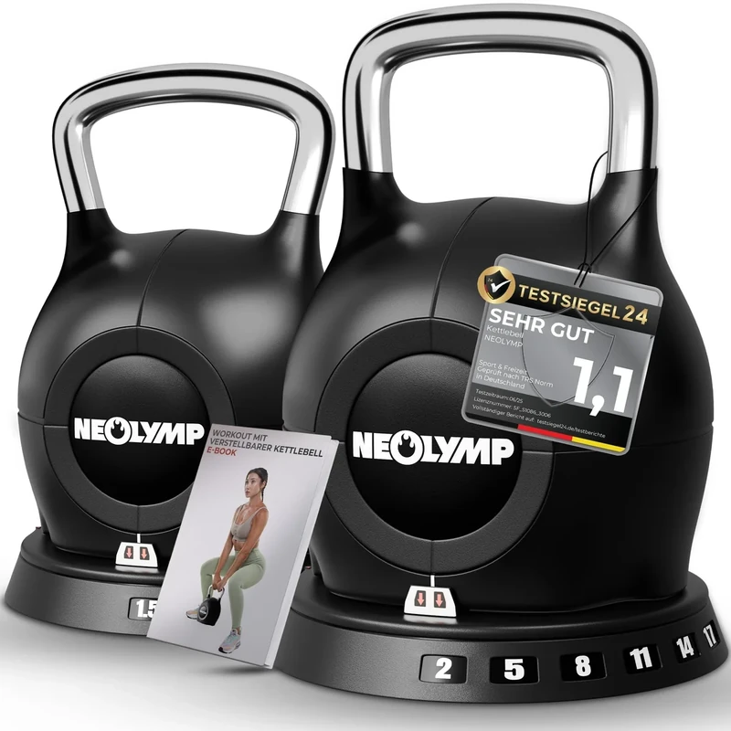NEOLYMP Kettlebell Set 1,5-20 kg - 7-in-1 Kettlebell verstellbar für Ganzkörper-Workout Zuhause - Kugelhantel mit robustem Edelstahl-Handgriff für perfektes Schwungerlebnis