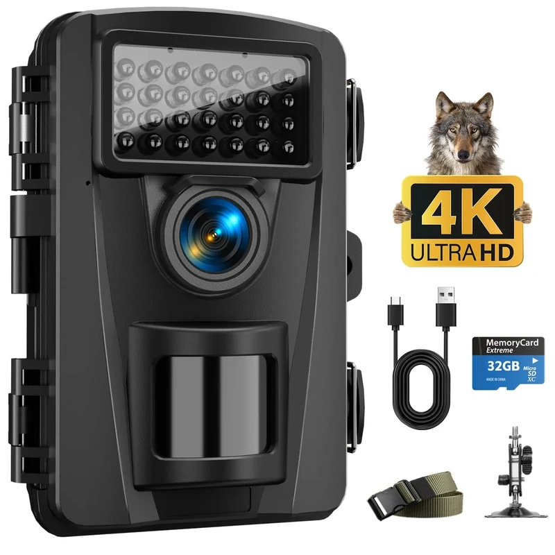CamZeste Wildkamera, 4K 60MP Wildtierkamera mit Bewegungsmelder Nachtsicht, No Glow 940nm IR LEDs, 0,1s Auslösegeschwindigkeit, IP66 Wasserdichtmit, wildkamera mit 32G Speicherkarte