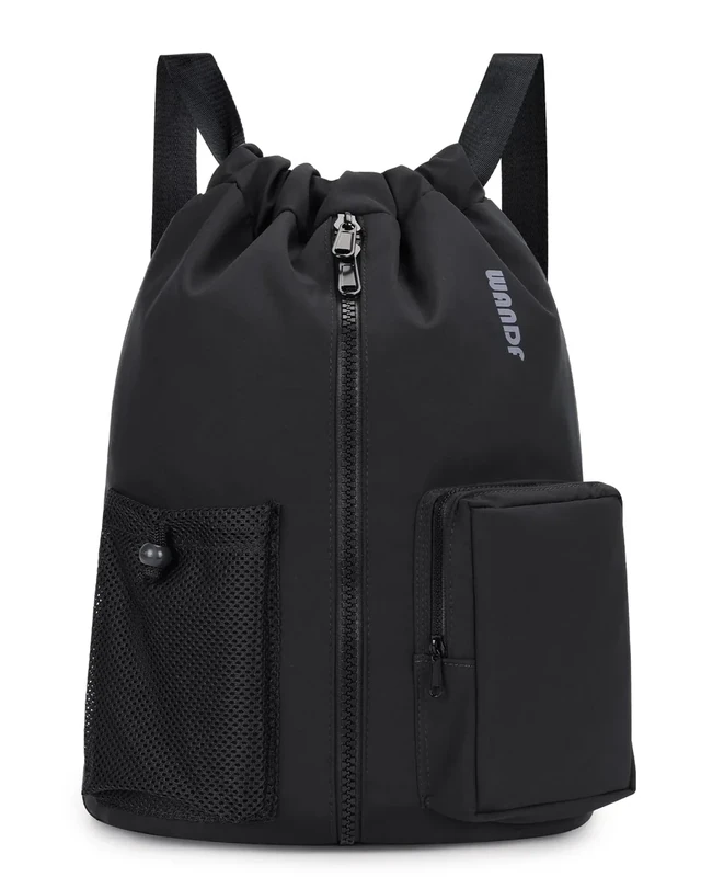 WANDF Turnbeutel mit Schuhfach, Sportbeutel Wasserabweisend,Gym Bag mit Kordelzug für Damen Herren Kinder,Große Kapazität Rucksack für Sport,Schwimmen,Reisen,Schule (Schwarz)