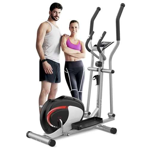 Dripex Crosstrainer für zuhause, Magnetisch Ellipsentrainer, Ultraleiser Crosstrainer mit 8-stufiger Widerstand, 6KG Schwungrad, Pulssensor, LCD Monitor, Gerätehalterung, Transporträder (Rot)