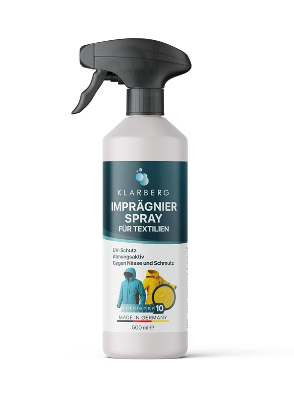 KLARBERG Textil Imprägnierspray Jacke - Atmungsaktive Imprägnierung für Funktionstextilien und synthetische Stoffe - Von Jacken und Polstermöbel bis hin zu Teppich und Outdoor Kleidung (500 ml)