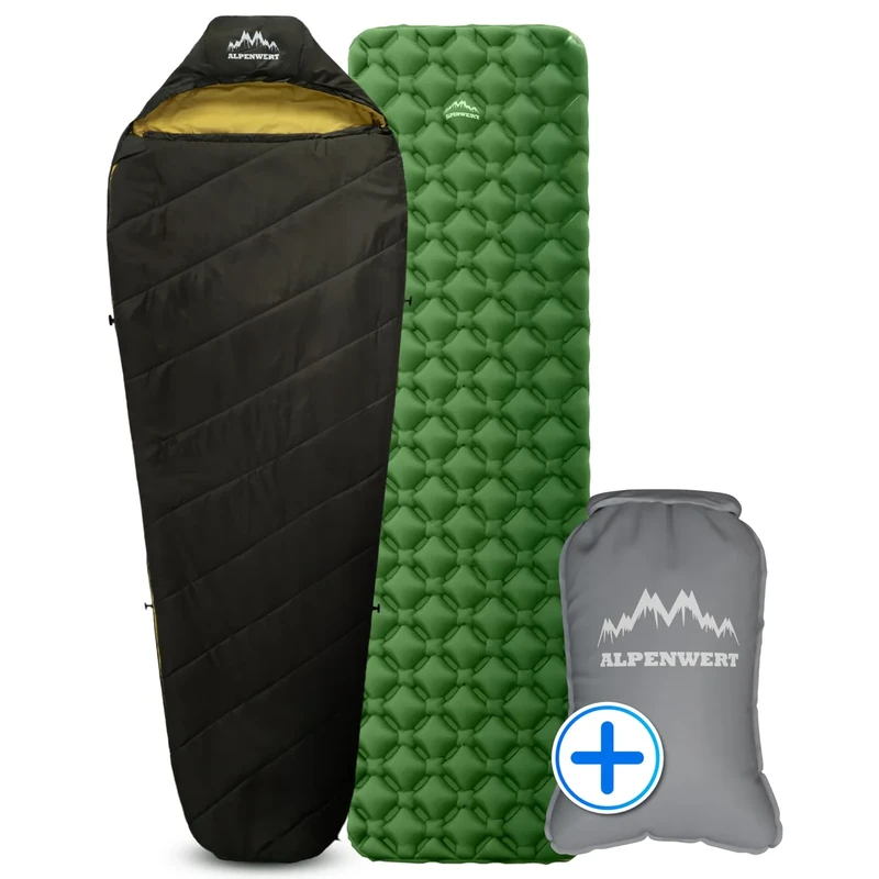 ALPENWERT® Outdoor Schlaf-Set – Schlafsack + Isomatte Ultraleicht + Pumpsack 7,5L – Aufblasbare Luftmatratze + Kompressionssack für Camping, Wandern & Trekking – Kompakt & Robust
