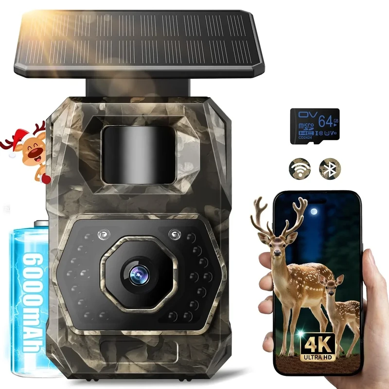 MAXDONE Wildkamera mit Handyübertragung App - Wildtierkamera 4K 64MP WLAN Solar Wildkamera mit 6000mAh Akku & Bewegungsmelder Nachtsicht, 0,1s Auslösezeit, Inklusive 64GB SD Karte, IP66 Wasserdicht