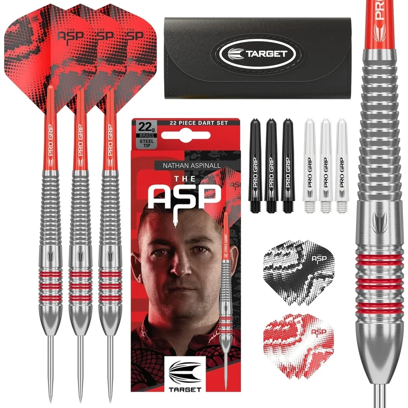 Target Darts Nathan Aspinall Messing Steeldarts Dartpfeil-Set, 22 g | Dartpfeile mit Nicht abnehmbaren Points, Pro Grip-Schäfte, No. 2 Pro Ultra-Dart-Flights, Aufbewahrungsetui und zusätzliches