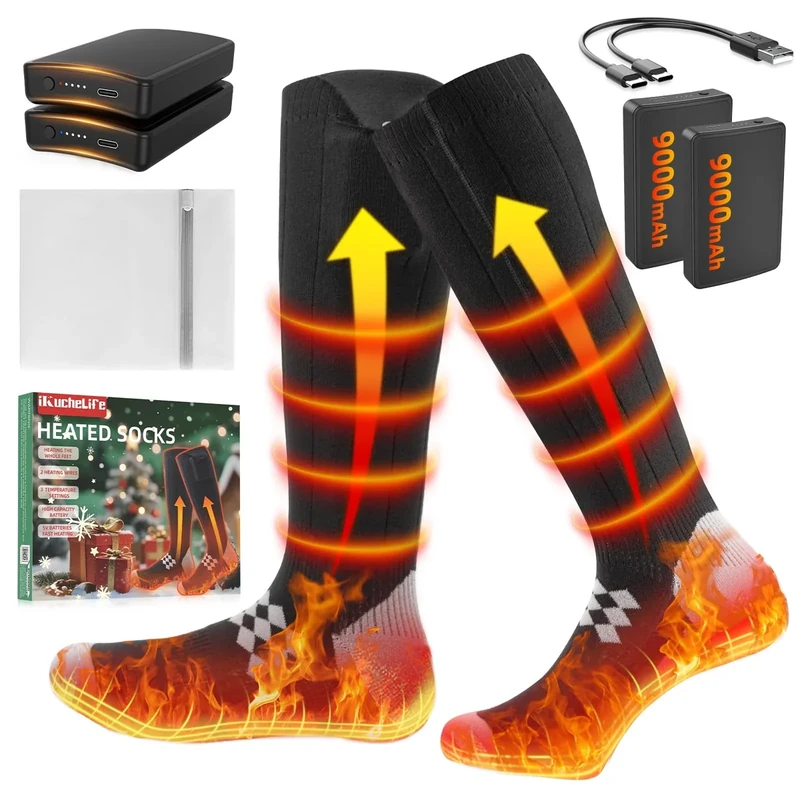 ikuchelife Beheizbare Socken, 2 X 9000mAh/5V Akku Max. 18H Fußwärmer Elektrisch, Wiederaufladbare Wolle Beheizte Socken 2 Heizdraht Heizsocken mit 3 Temperatur für Ganze Fußsohle