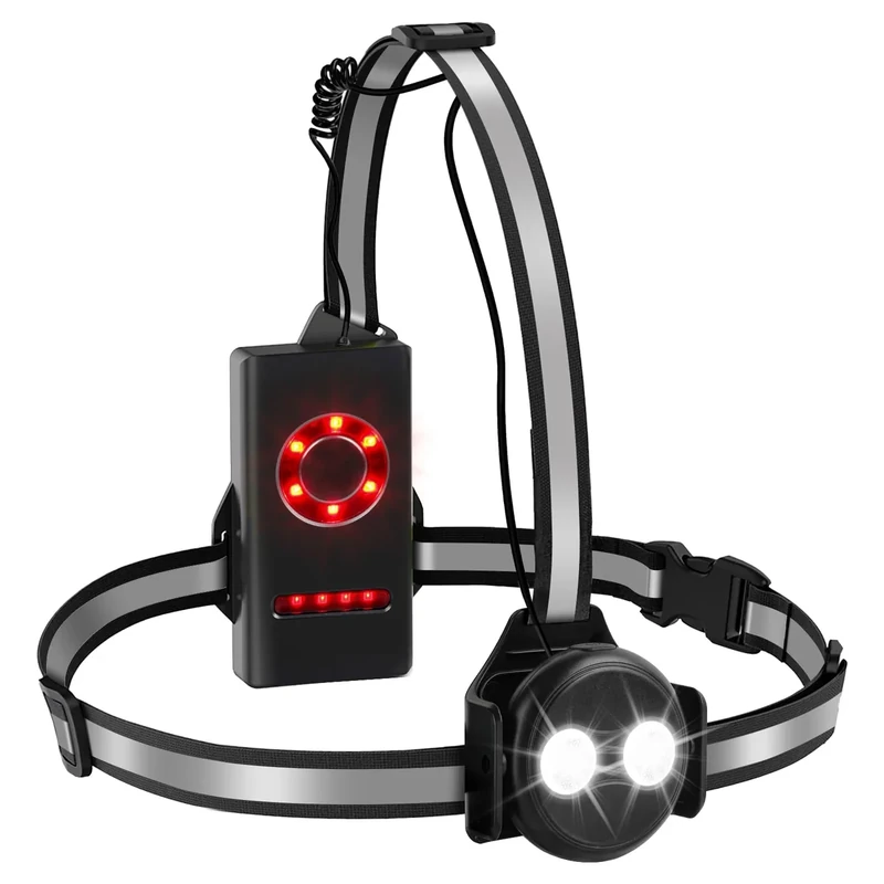 Fashioz Lauflicht mit Reflektoren, Lauflampe Joggen Brustlampe 500 Lumen, USB Wiederaufladbare Brustlampe Laufen, 90° Einstellbarer Abstrahlwinkel Running Light für Läufer Joggen Camping