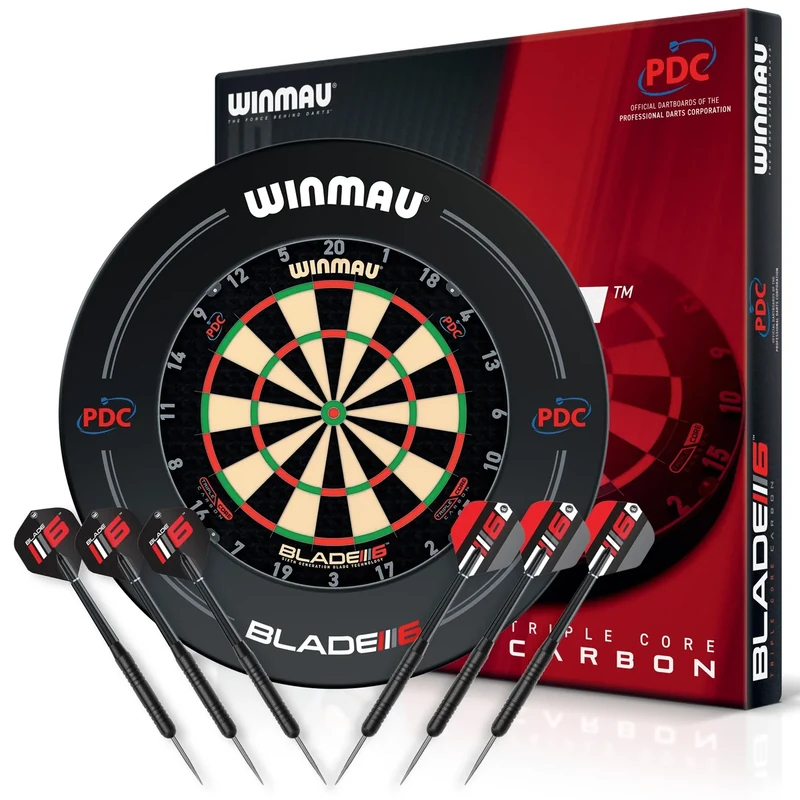 WINMAU Triple Core Dartscheibe Steeldart Set – Profi Dartscheibe Winmau mit PDC-Umrandung |2 Steel Darts-Sets, Rota-Lock-System | Dartboard mit Sisal | ideal für Turniere und Training.