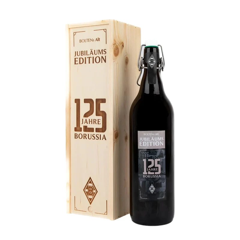 Borussia Mönchengladbach Bolten Altbier „Jubiläumsedition 125 Jahre“ in Holzbox | Offizieller Fanartikel Fohlenshop | Gladbach Fanartikel Sammlerstück