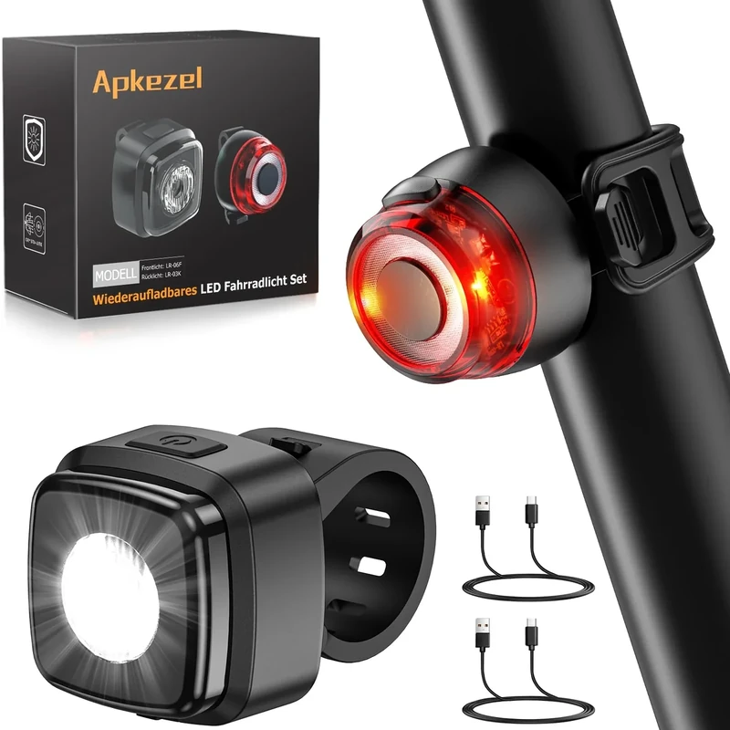 LED Fahrradlicht Set, Apkezel StVZO Zugelassen Fahrradlicht Vorne+Rücklicht Fahrrad Fahrradlampe Set, 600mAh fahrradbeleuchtung USB Aufladbar, IPX5 Wasserdicht Fahrrad Lichter LED Set