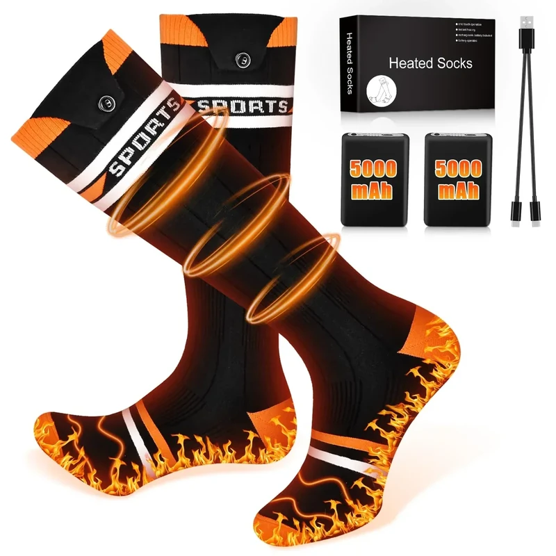 Aragallant Beheizte Socken, 5000mAh/5V Akku Max. Wiederaufladbare Heizsocken mit 4 Temperaturen, 360° Heizung Beheizbare Socken, Fußwärmer Elektrisch für Herren Damen Winter Ganze Fußsohle