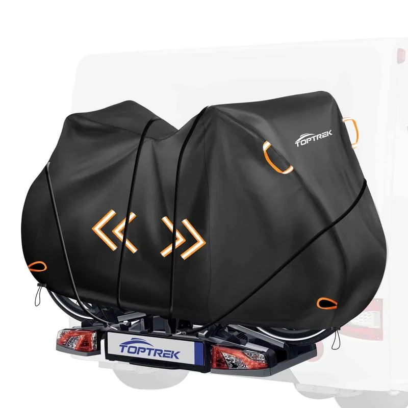 toptrek Fahrradschutzhülle Fahrradträger Reißfeste mit 6m Sicherheitsseil, Fahrradabdeckung Heckträger 600D Oxford-Gewebe, Fahrradgarage fahrradträger e-bike für anhängerkupplung 2 fahrräder