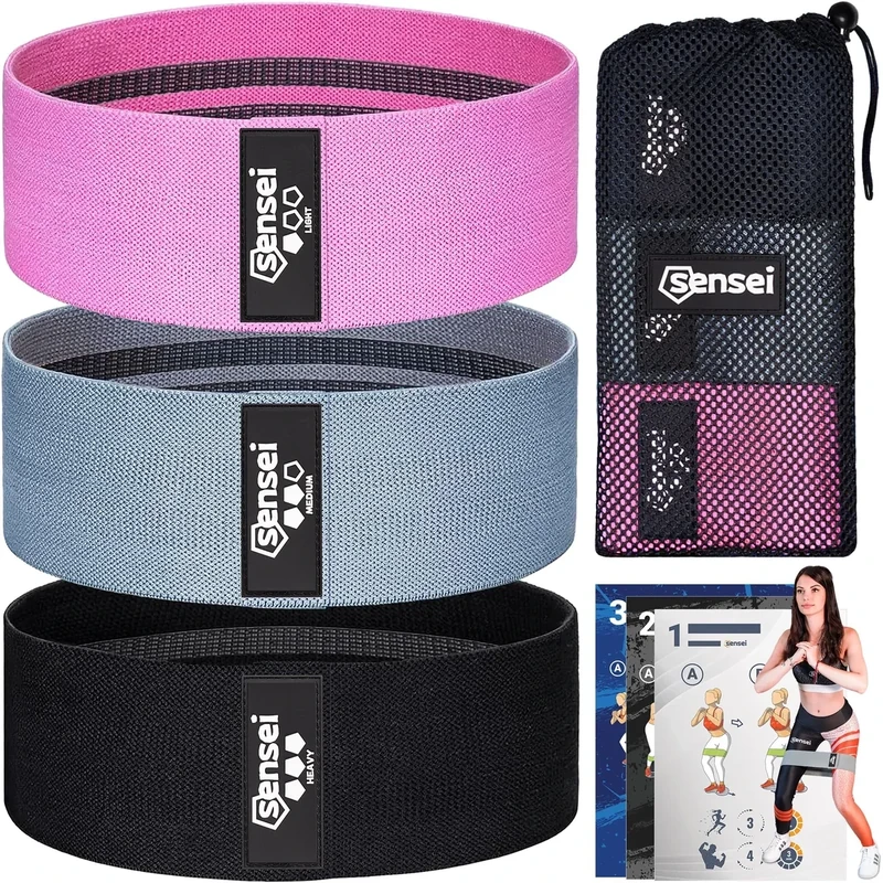 SENSEI® Fitnessbänder Set – 3 Elastic Stoff Trainingsbänder – rutschfest Resistance Bands für Po, Beine, Pilates & Krafttraining