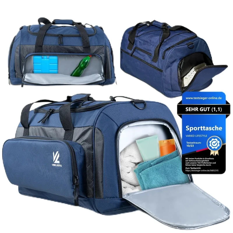 VL® Sporttasche Groß mit Schuhfach, Nassfach & [Isoliertes Kühlfach] Saunatasche & Reisetasche für Damen & Herren Gym Bag, Gym Tasche, Fitnesstasche, Trainingstasche, Schwimmtasche XL 70L Blau-Schwarz