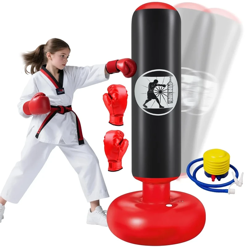 Qoosea Boxsack für Kinder von 6–12 Jahren, 160cm Standboxsack Aufblasbarer mit Boxhandschuhe Boxsack Stehender, Geschenk für Jungen und Mädchen Üben von Karate, Kickboxen,Taekwondo, MMA