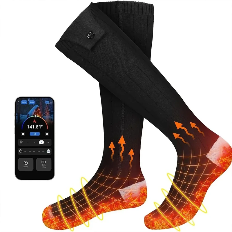 Beheizte Socken, Wiederaufladbare Beheizte Socken, mit 5000mAh*2 Akku, Winter Warme Socken, APP-Steuerung, Waschbar Socken Beheizbar Herren Damen für Camping Jagd (A)