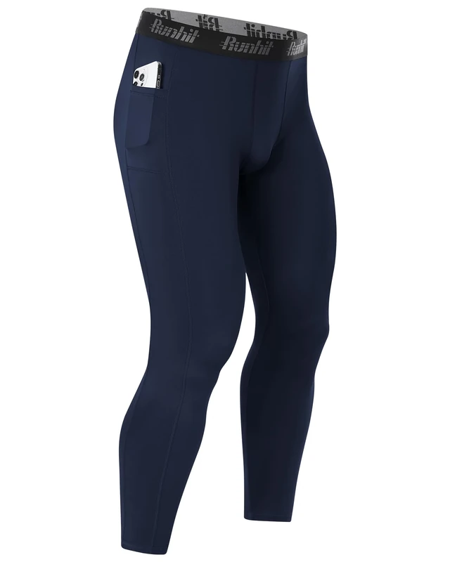 Runhit Kompressionshose Herren Lange Tights Sport Leggings mit Taschen Schnelltrocknende Trainingshose Atmungsaktiv Laufhose Kompression Hose für Fitness Joggen Training Basketball Marineblau XL
