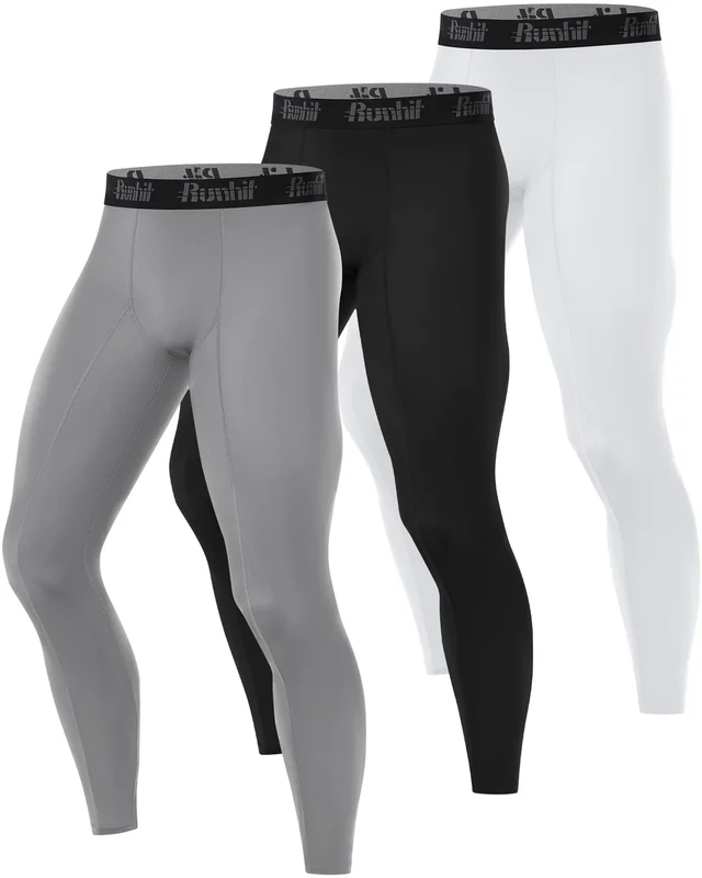 Runhit Kompressionshose Herren Lang, 3er Pack Lange Tights Leggings Trainingshose Atmungsaktiv Sporthose Laufhose Grundschicht für Fitness Joggen Gym Basketball Schwarz Grau Weiß 3XL