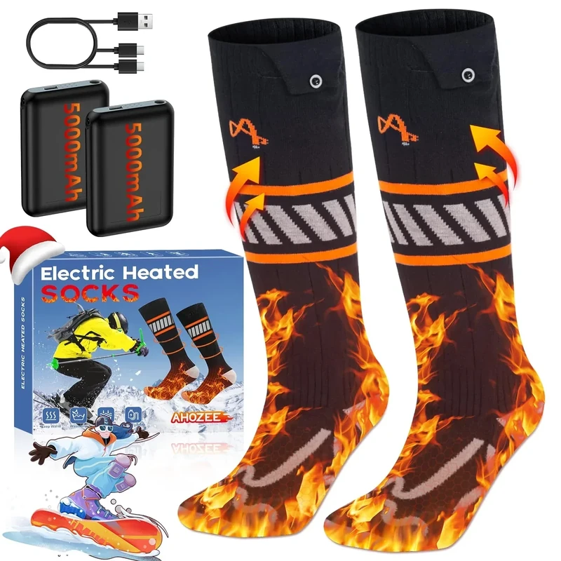 Beheizbare Socken, 5V 5000mAh Beheizte Socken Damen Herren, Wiederaufladbare Heizsocken 360° Zehenheizbereich & 4 Heizstufen, Bis zu 65℃ Winter Fußwärmer für Skifahren, Camping, Wandern