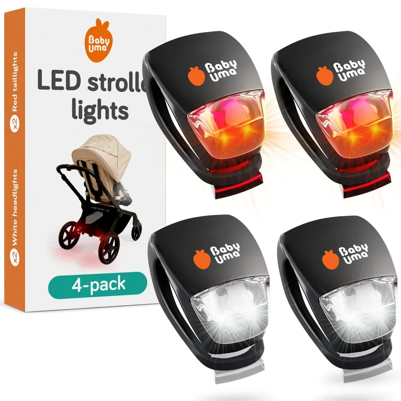 Baby Uma LED Kinderwagen Licht (4er-Pack) - Universelle Kinderwagen Beleuchtung mit 3 Leuchtmodi (Dauerlicht/schnelles Blitzlicht/langsames Blitzlicht), 2 weiße Frontscheinwerfer & 2 rote Rücklichter