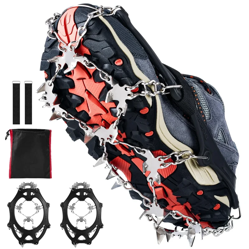 Grödel für Bergschuhe mit 26 Edelstahl Zähne,Steigeisen für Wanderschuhe, Verdickte Anti-Rutsch Spikes für Schuhe Winte, Mann Frau Erwachsene Kinder Fit für Wandern Trail Running Eisfischen