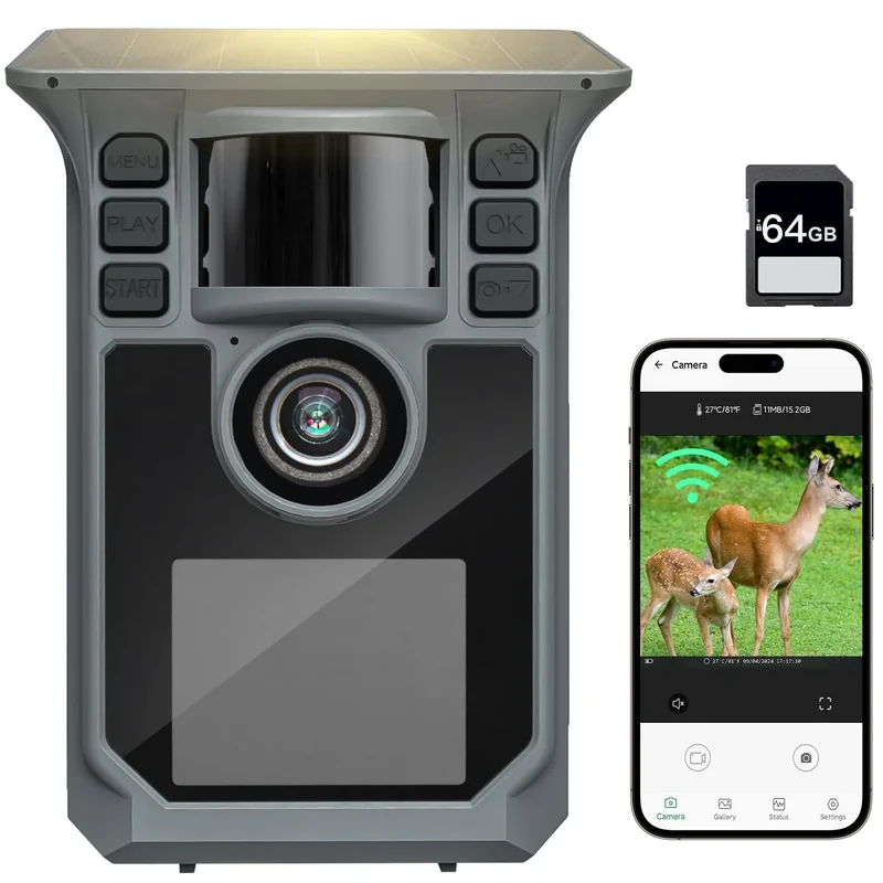 Hrivcam 4K 64MP Wildkamera mit Handyübertragung APP, Solar WLAN Bluetooth Eingebaute 5000mAh, 64GB Speicherkarte, Wildkamera mit Bewegungsmelder Nachtsicht, IP67 Wasserdicht 130°Weitwinkel