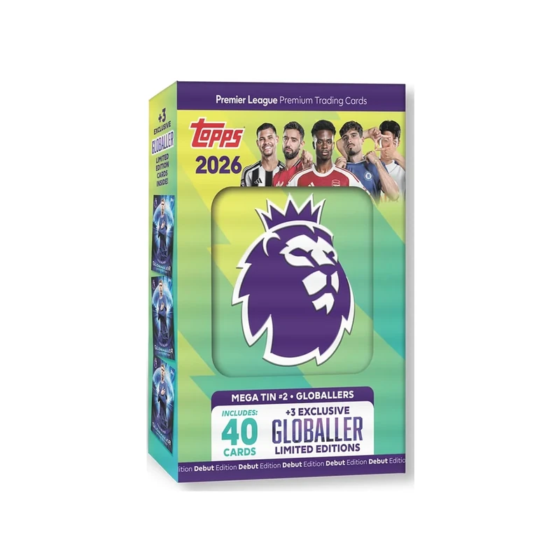 Topps Premier League 2026 - Debüt-Edition - Mega Tin (Globallers). Enthält 40 Karten Plus 3 Globallers LE-Karten.