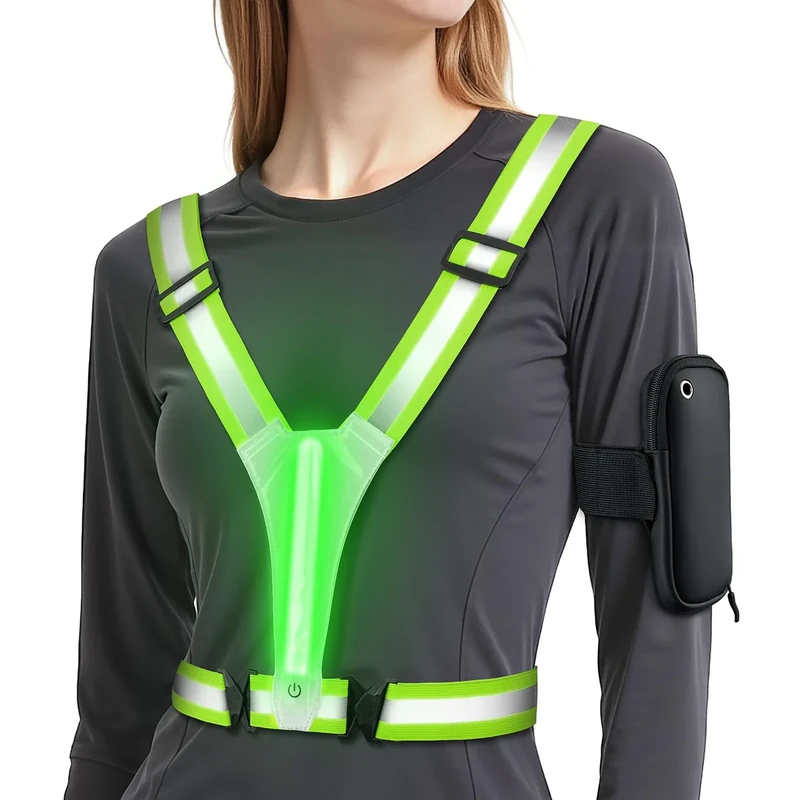 HENMI LED Warnweste Fahrrad Reflektorweste mit Sport Handytasche, USB Aufladbar Reflektoren Laufweste für Damen Herren Radfahren, Wandern, Joggen, Nachtlauf
