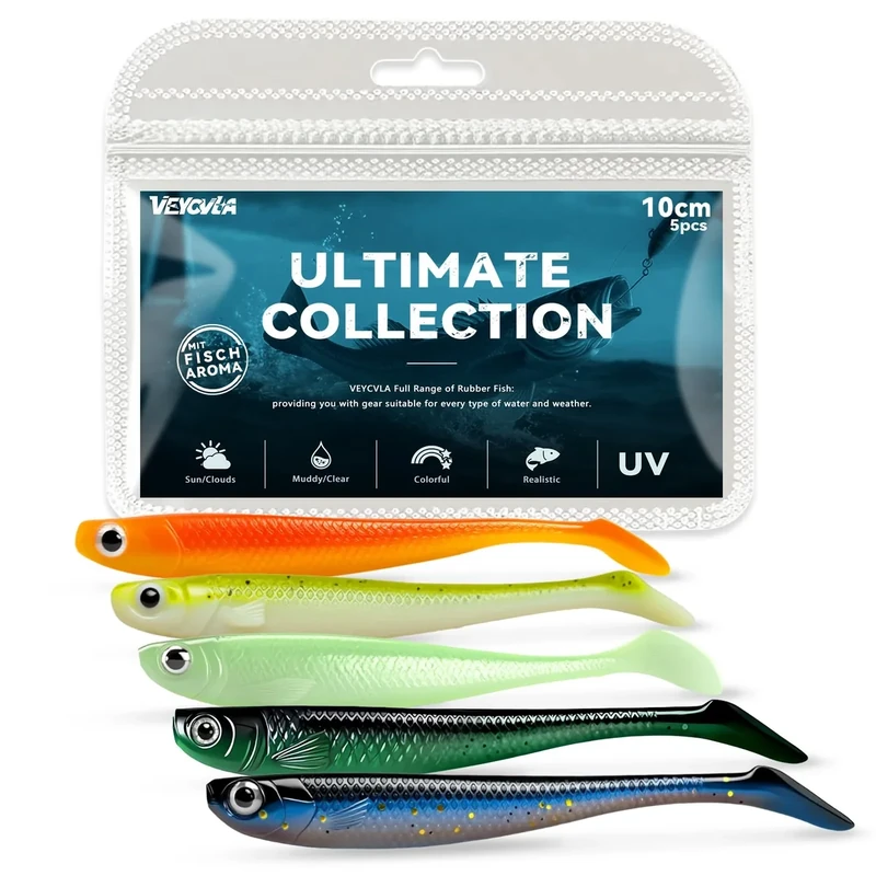 VEYCVLA Fishing Gummifische Zander Set 10 cm 5 Stück Farben Gummiköder Zander-Angeln-Softbait Angelköder,Gummi Fische Gummifisch Set Zander-Gummifisch Zander Köder