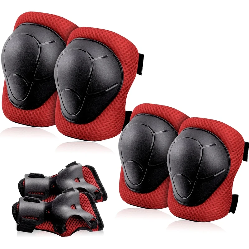 Knieschoner Kinder Schoner Inliner Protektoren: [6er Set] Schützer Inline Skates Knieschützer Skateboard SchutzausrüStung Knie und Ellenbogenschützer für Kinder (Rot und Schwarz, M (7-15Jahre))