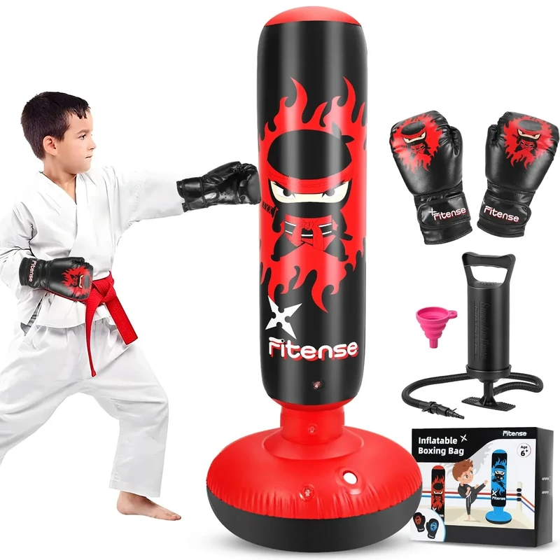 Fitense Boxsack für Kinder, Kinder-Boxset mit Boxhandschuhen Luftpumpe, 160cm großer aufblasbarer Boxsack, Geschenk für Jungen & Mädchen im Alter von 6-12 Jahren zum Üben von Karate und Taekwondo, Rot